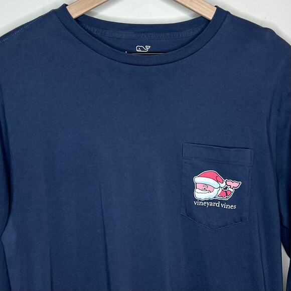 Vineyard Vines Blue Pocket T-Shirt Size S Long Sleeves Santa Merry Christmas - Picture 3 of 9